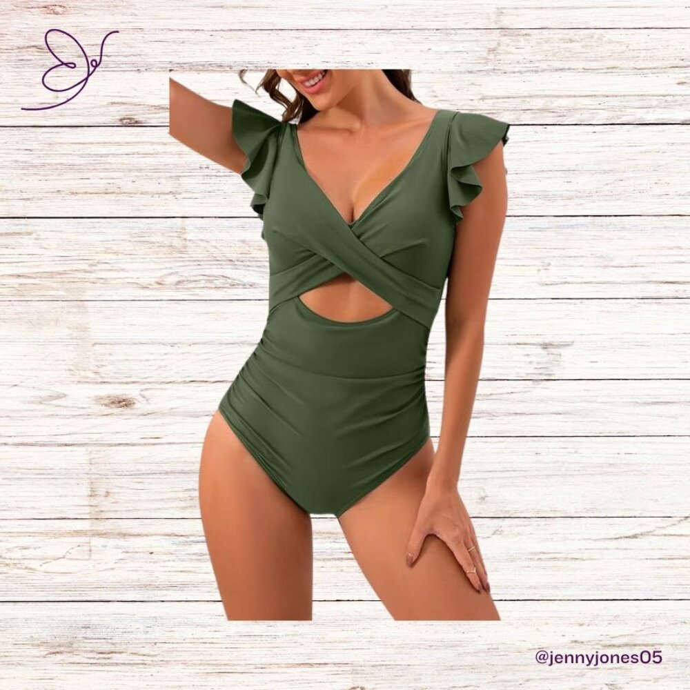 B2PRITY Green One-Piece Ruffle Cutout Slimming Swimsuit-Size 2XL-NWT